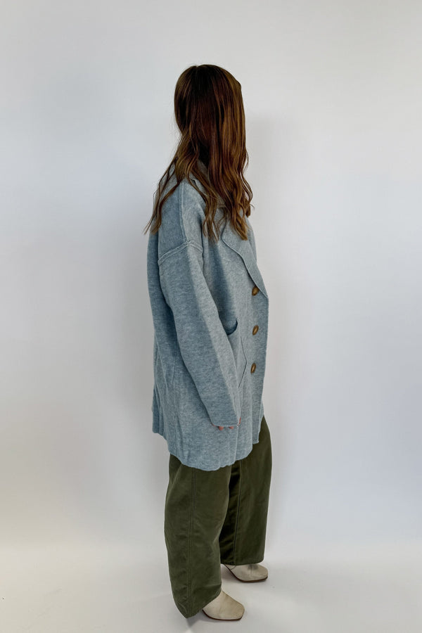 long blue oversize cardigan sweater button up