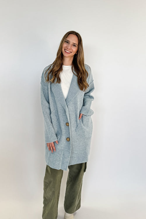 long blue oversize cardigan sweater button up