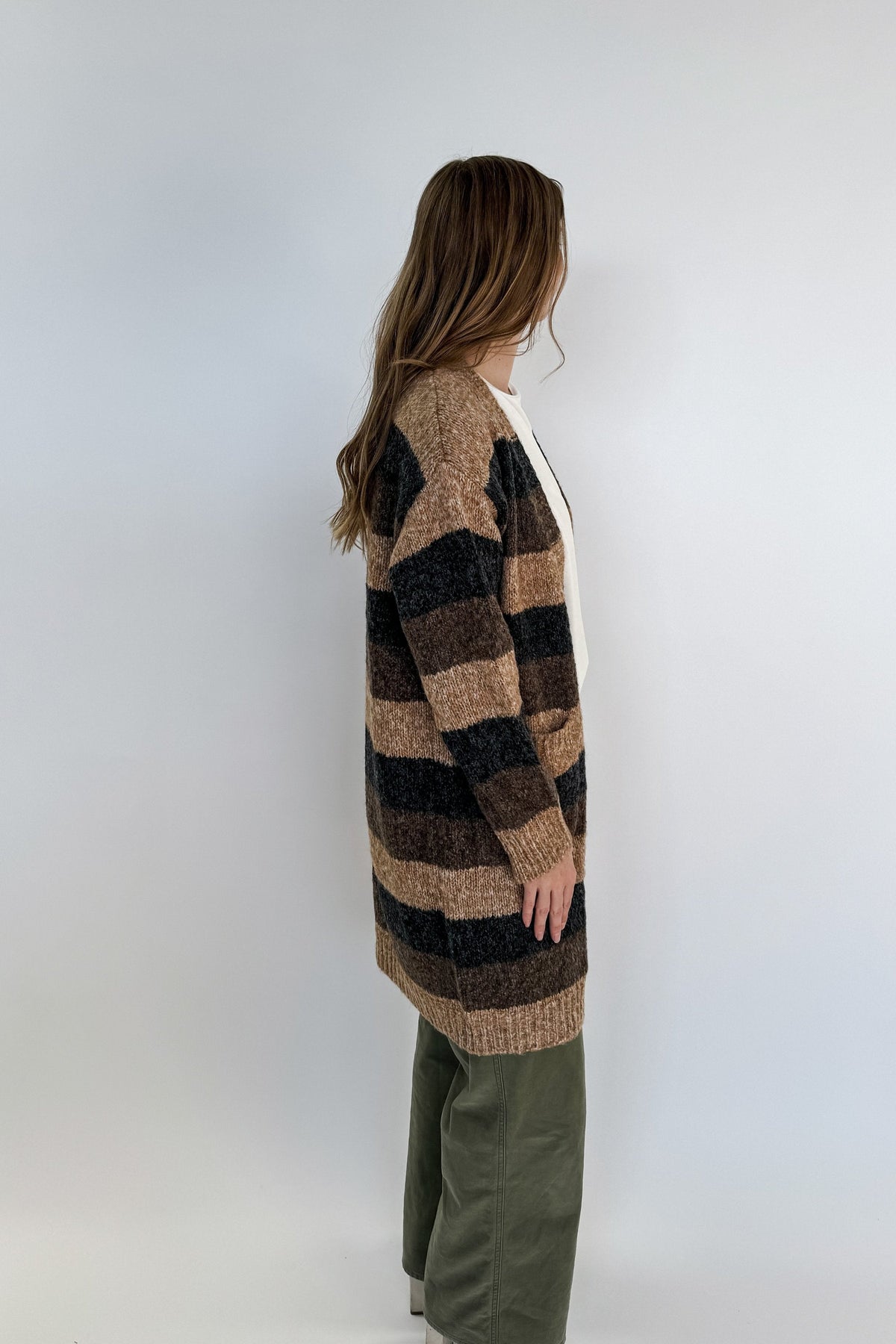 long striped brown cardigan