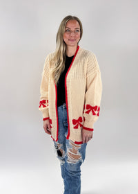 knit beige Cardigan With red Bows sweet siesta