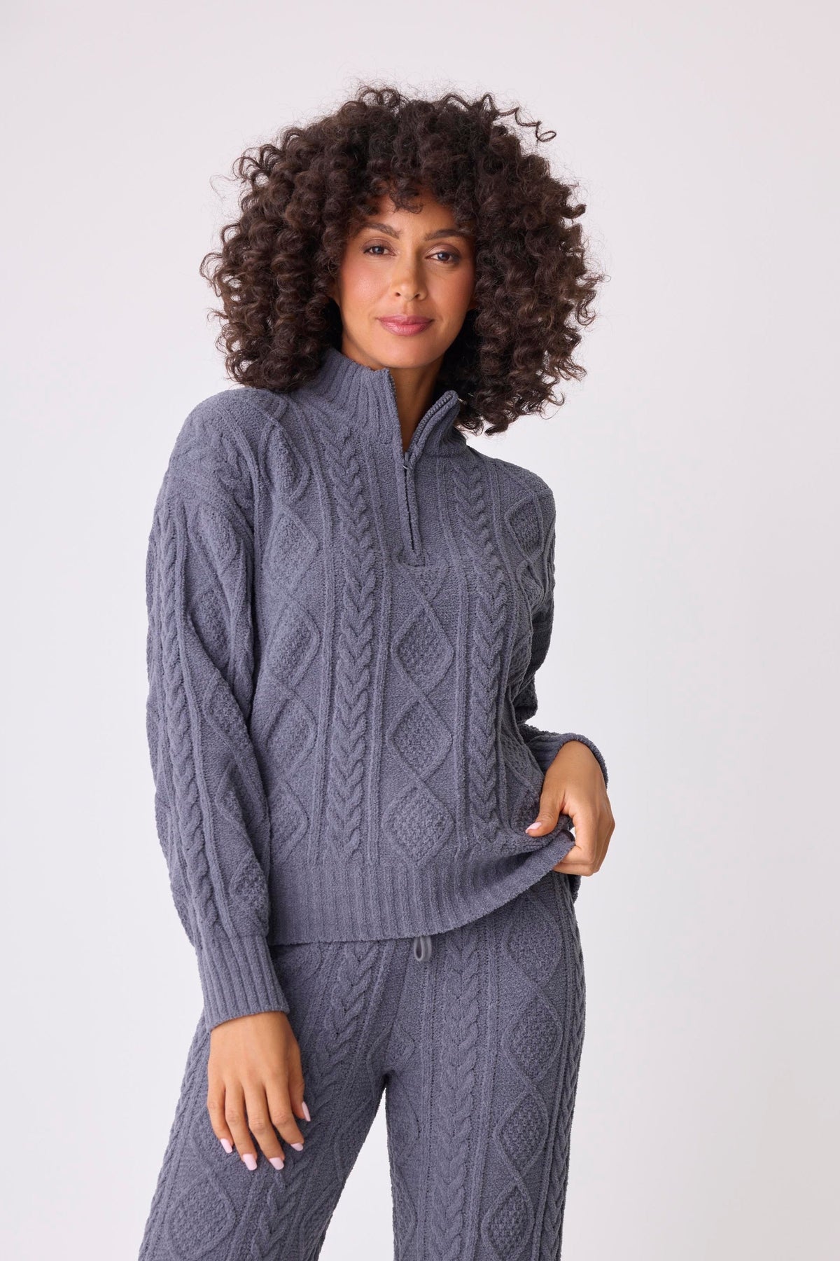 Chenille Cozy Cable Quarter Zip Sweater-Cardigans-PJ Salvage-CHARCOAL-SM-Cloud Nine Pajamas