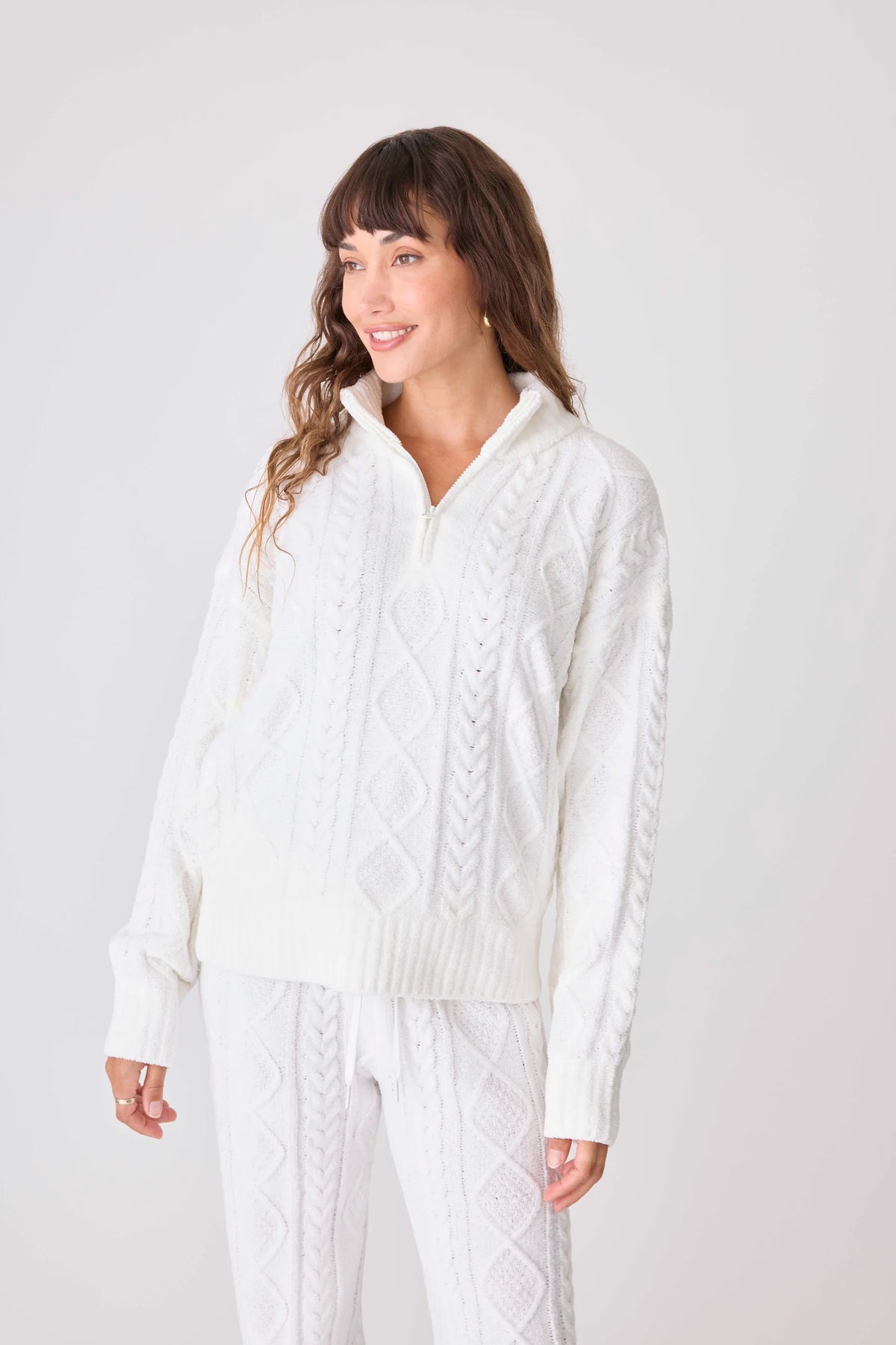 PJ SALVAGE Chenille Cozy Cable Quarter Zip Sweater and lounge pant Cloud Nine Pajamas