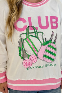 pink green white pickleball league sweater with CLUB in bold and pink stripes. Oversize large fit