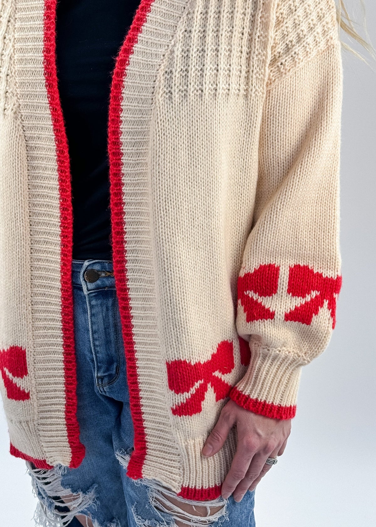 knit beige Cardigan With red Bows sweet siesta