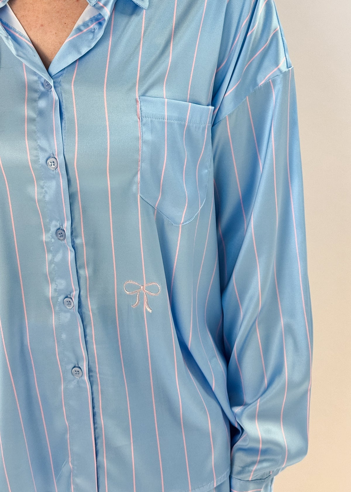 PJ Button Up Satin Pinstripe Baby Blue