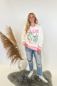 pink green white pickleball league sweater with CLUB in bold and pink stripes. Oversize large fit