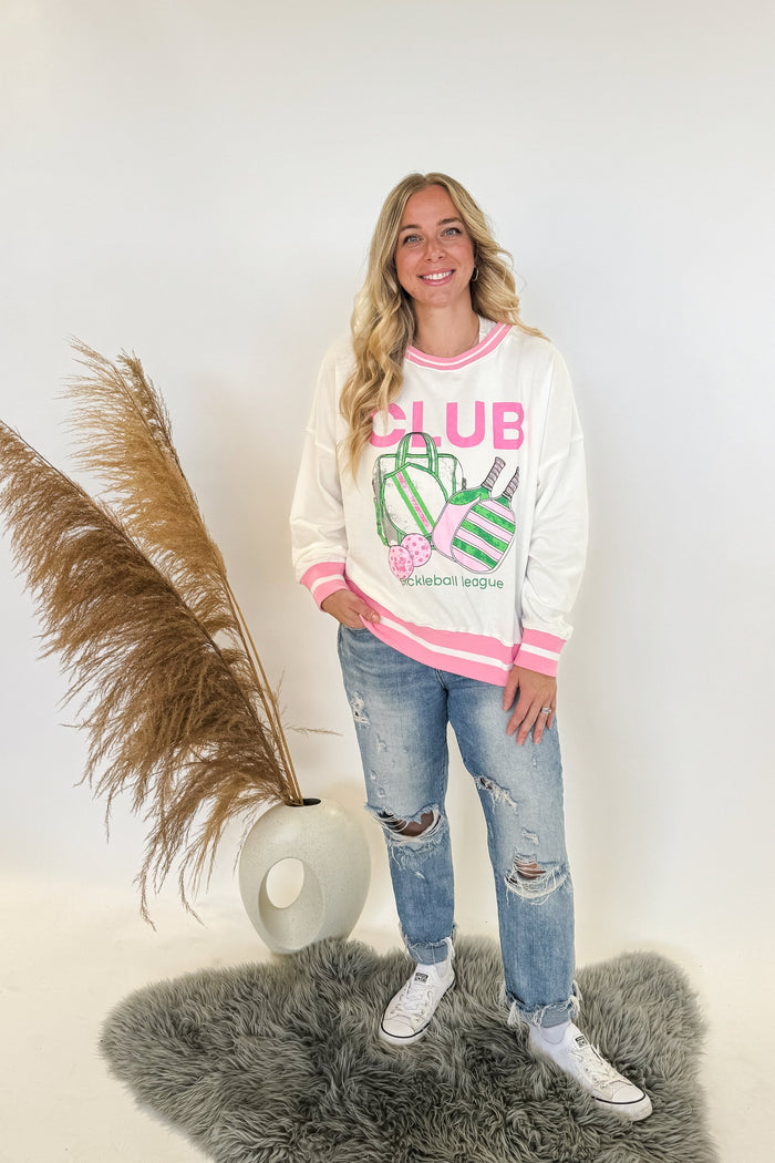 pink green white pickleball league sweater with CLUB in bold and pink stripes. Oversize large fit