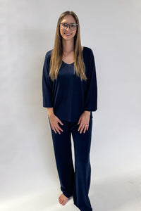 women wearing matching top and bottom knit set navy colour