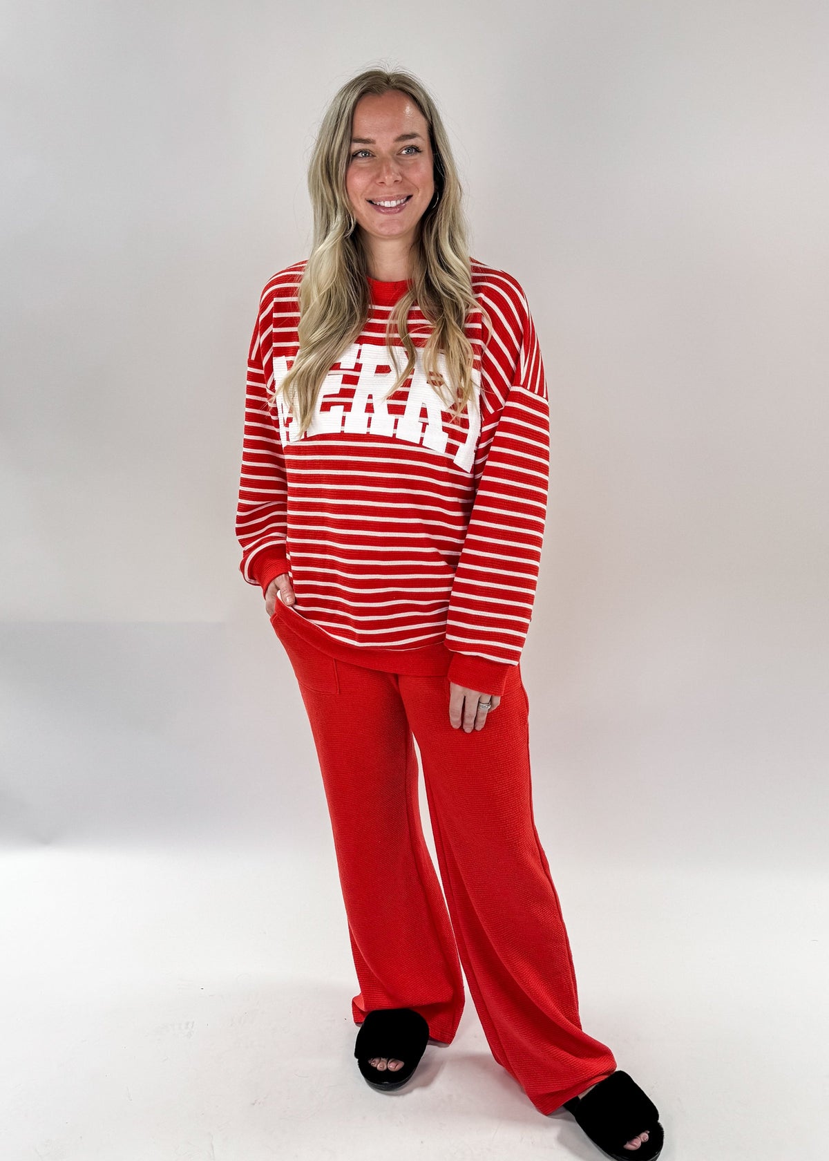 Merry Cloud Knit Pant Set red stripe