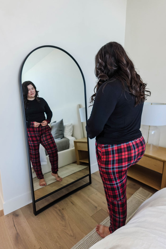 red plaid jogger and long sleeve set bamboo