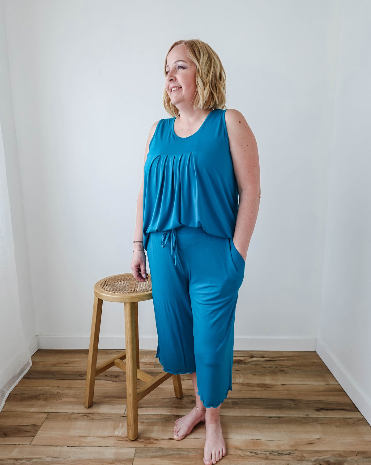 🌊 PJ Tank Pleated/Flutter Capri | Cyan Teal 🌊-Georgia Rylan-Cloud Nine Pajamas