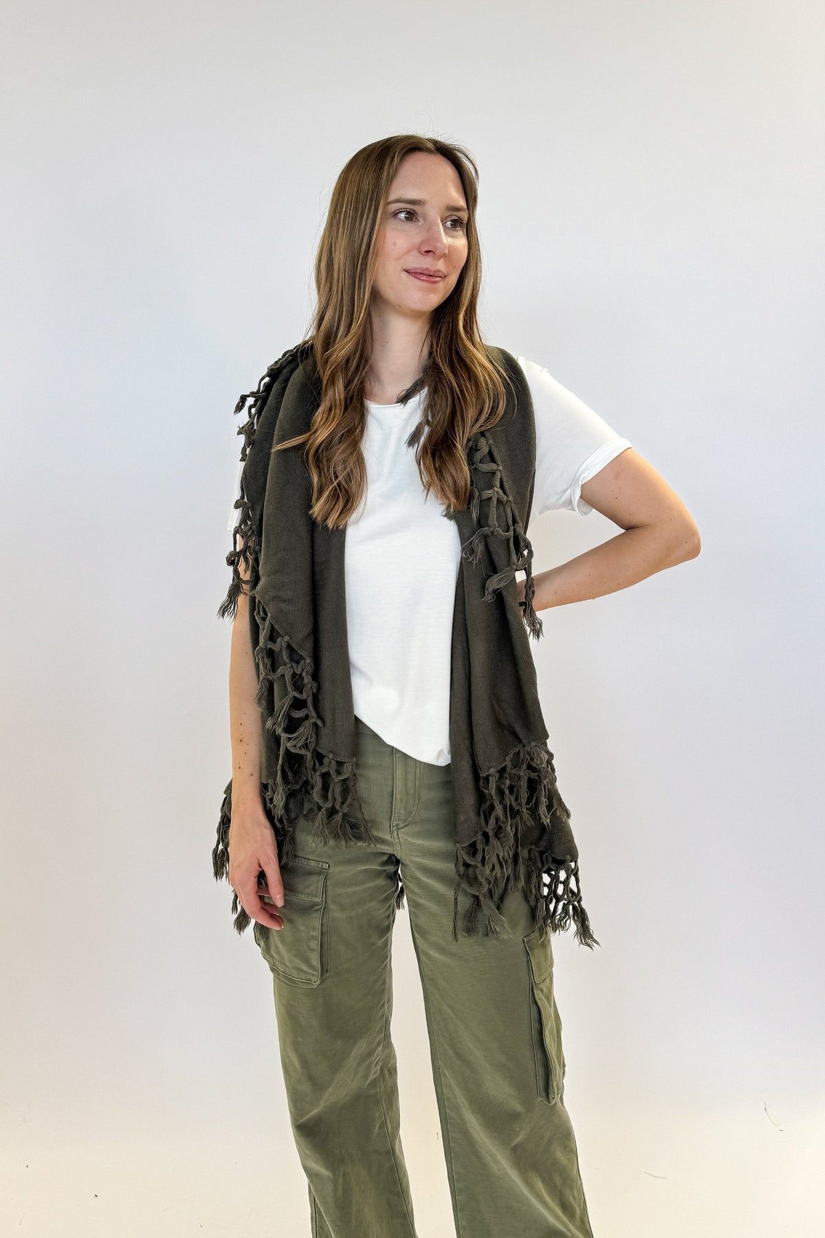 versatile shawl vest fall with tassels olive