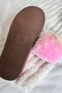 faux fur open toe slipper slides - shot shows the texturized sole of the slipper