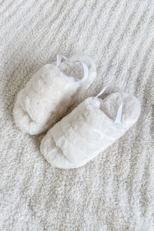 soft white slipper slides with heel strap in faux fur