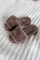 faux fur open toe slipper slides in mocha brown