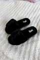 faux fur open toe slipper slides in black