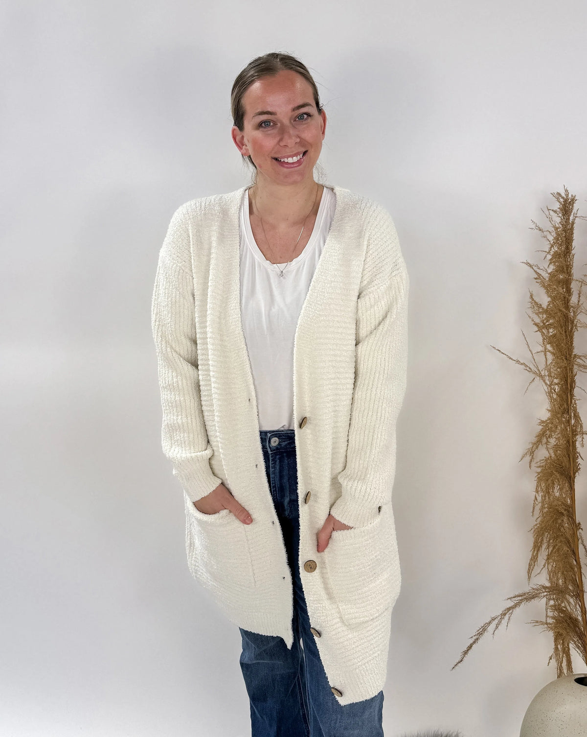 V-Neck Cardigan w/ Pockets & Button Closure-COZYLUXE-Cloud Nine Pajamas