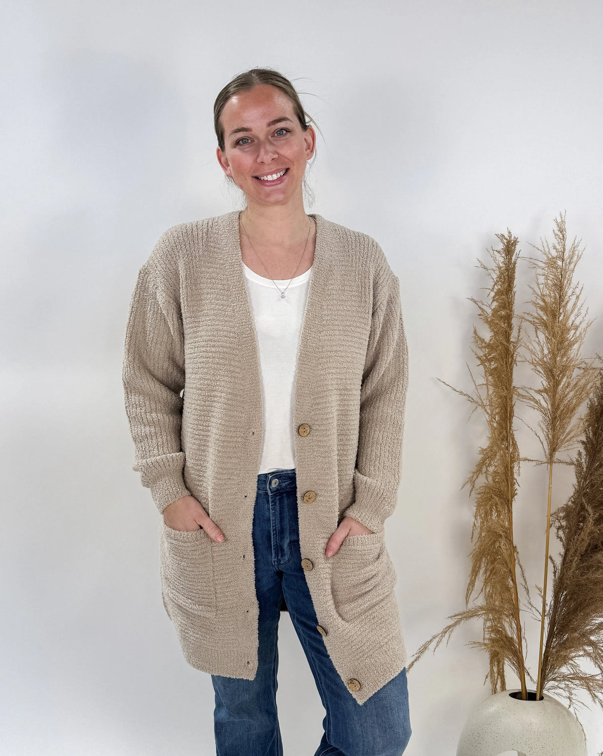 V-Neck Cardigan w/ Pockets & Button Closure-COZYLUXE-Cloud Nine Pajamas