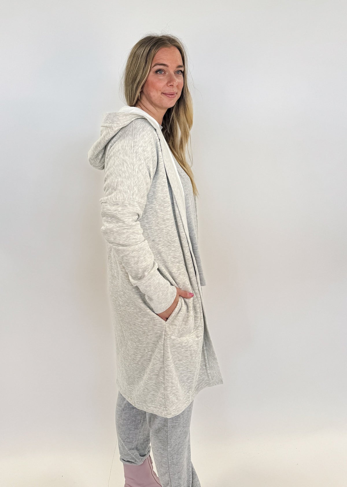 Cardi Hoodie Open Front Fleece Lined Grey Two Toned scarlette ellie