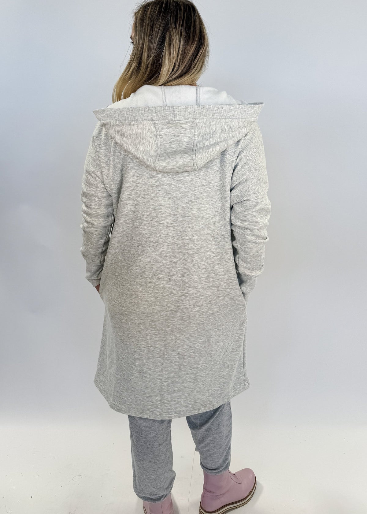 Cardi Hoodie Open Front Fleece Lined Grey Two Toned scarlette ellie