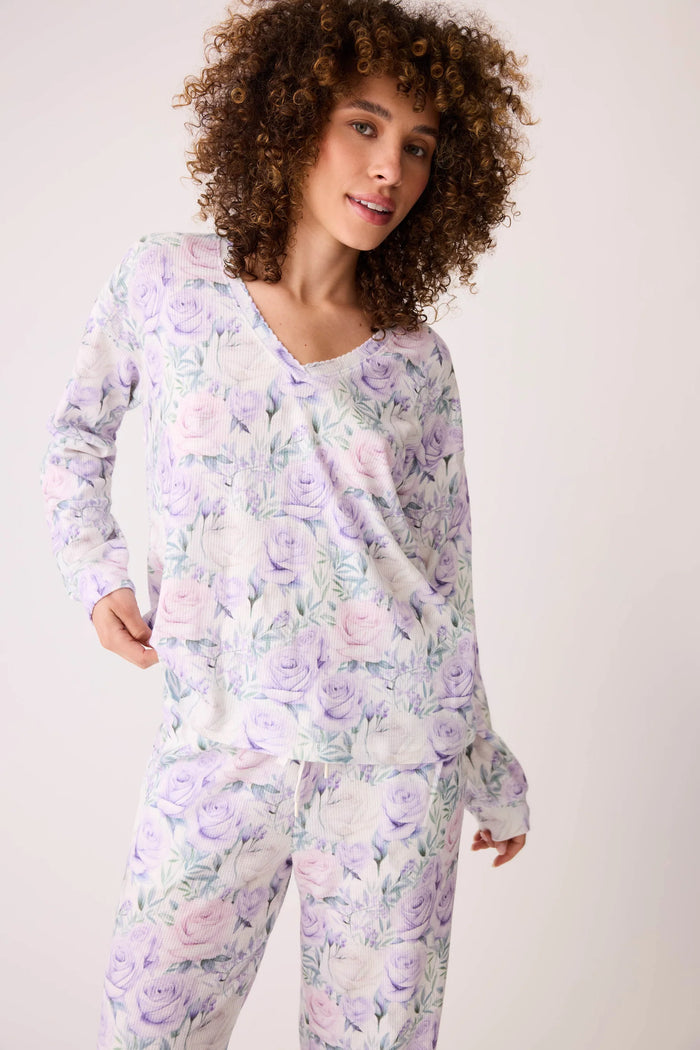 PJ Top/Straight Leg Pant Violet Rose Floral Waffle Thermal-PJ Set-PJ Salvage-Cloud Nine Pajamas