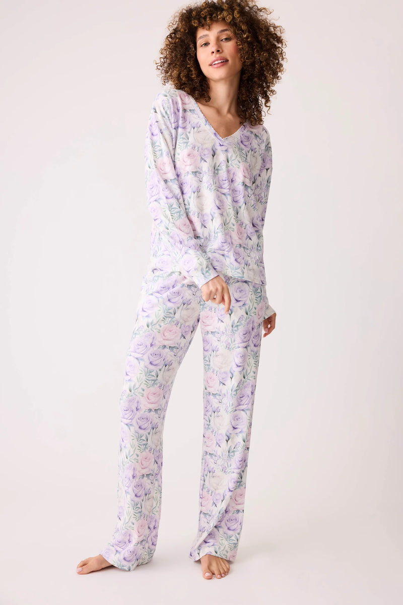 PJ Top/Straight Leg Pant Violet Rose Floral Waffle Thermal